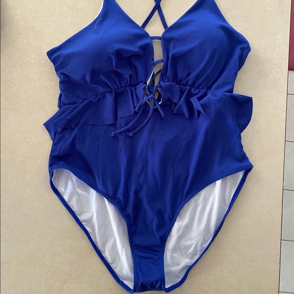 Plus Plain Rib Frill One Piece Swimsuit 3XL SHEIN - Picture 1 of 5